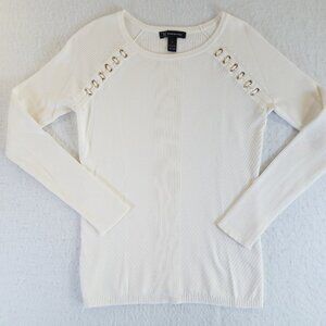 INC Ivory Ribbed Sweater Lace Up Eyelet Detail MEDIUM Long Sleeve Stretch